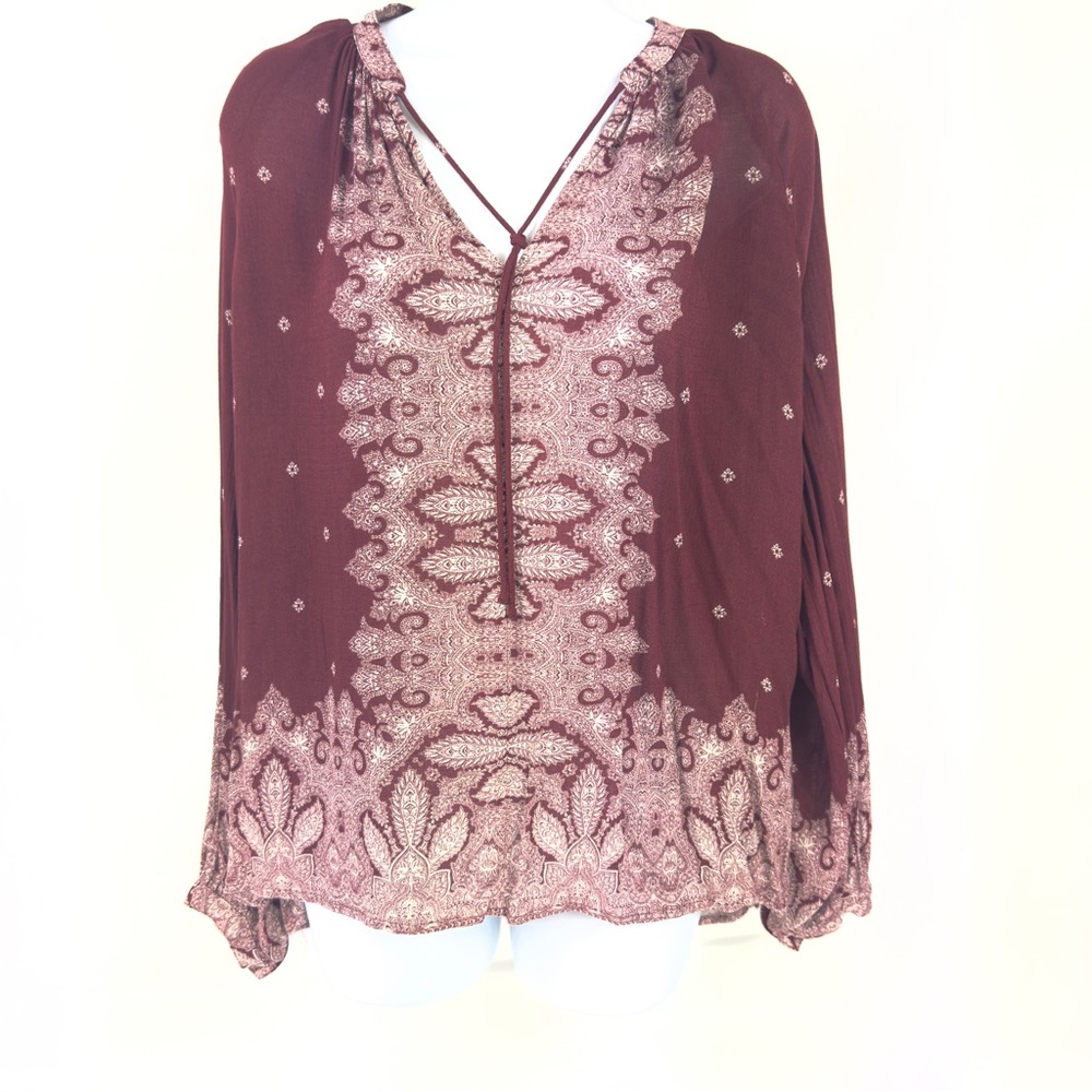 Lucky Brand Burgundy & White Peasant Top Split Neck Blouse L/S Lightweight  M